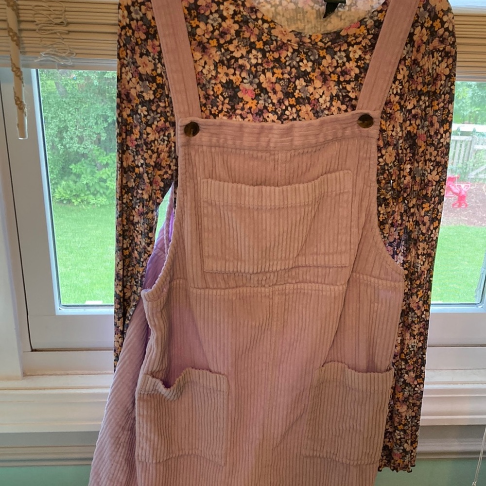 Cute purple overall dress with long sleeve floral top